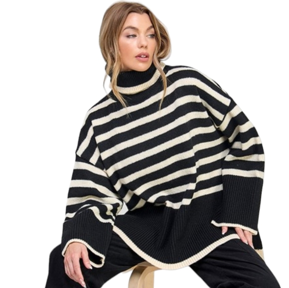 Favorite Girl - Women's Black & White Turtleneck Stripe Knit Top NWT - (#0070) - Picture 2 of 4